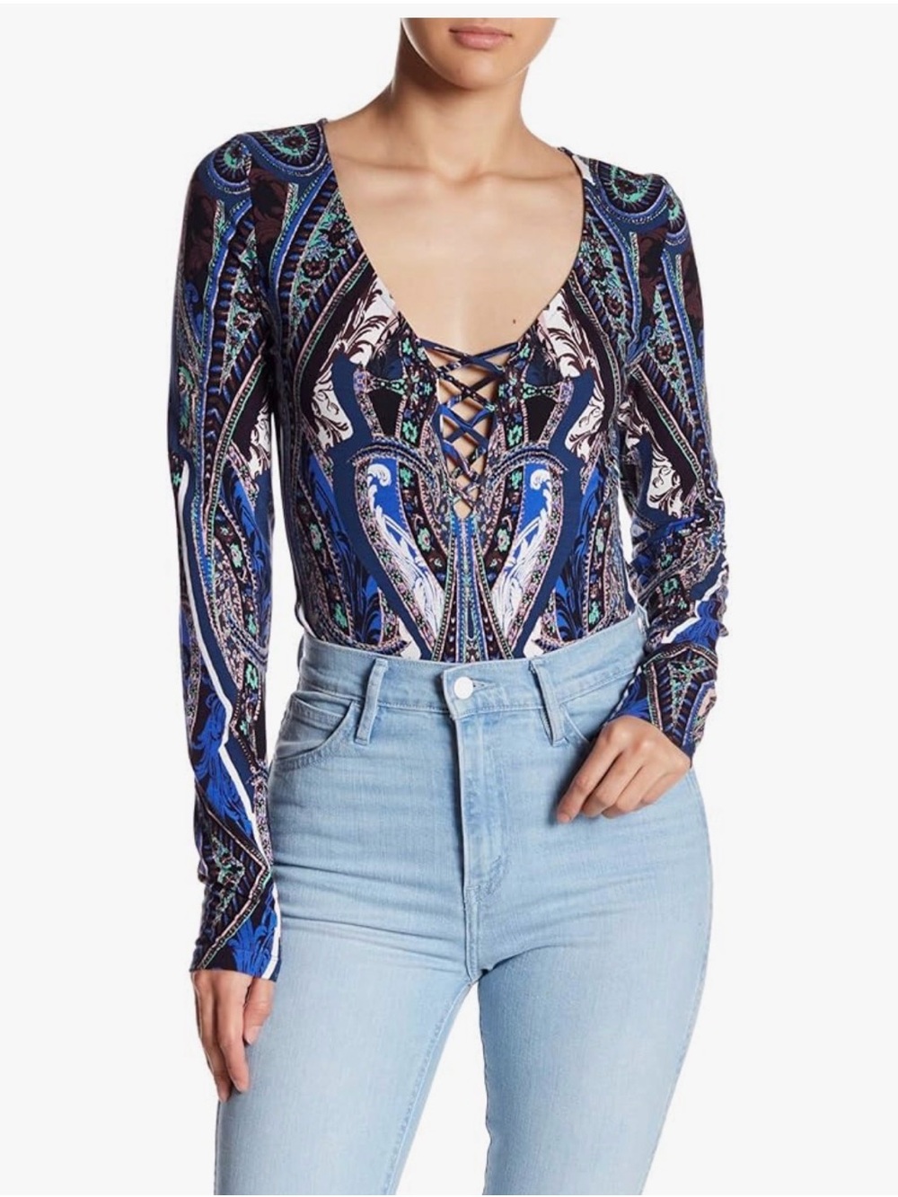 Free People Pick A Place Bodysuit Blue Paisley Long Sleeve